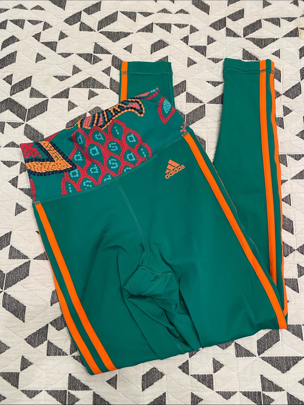adidas Farm Rio Green Leggings with Orange Stripes and Colorful Waistband